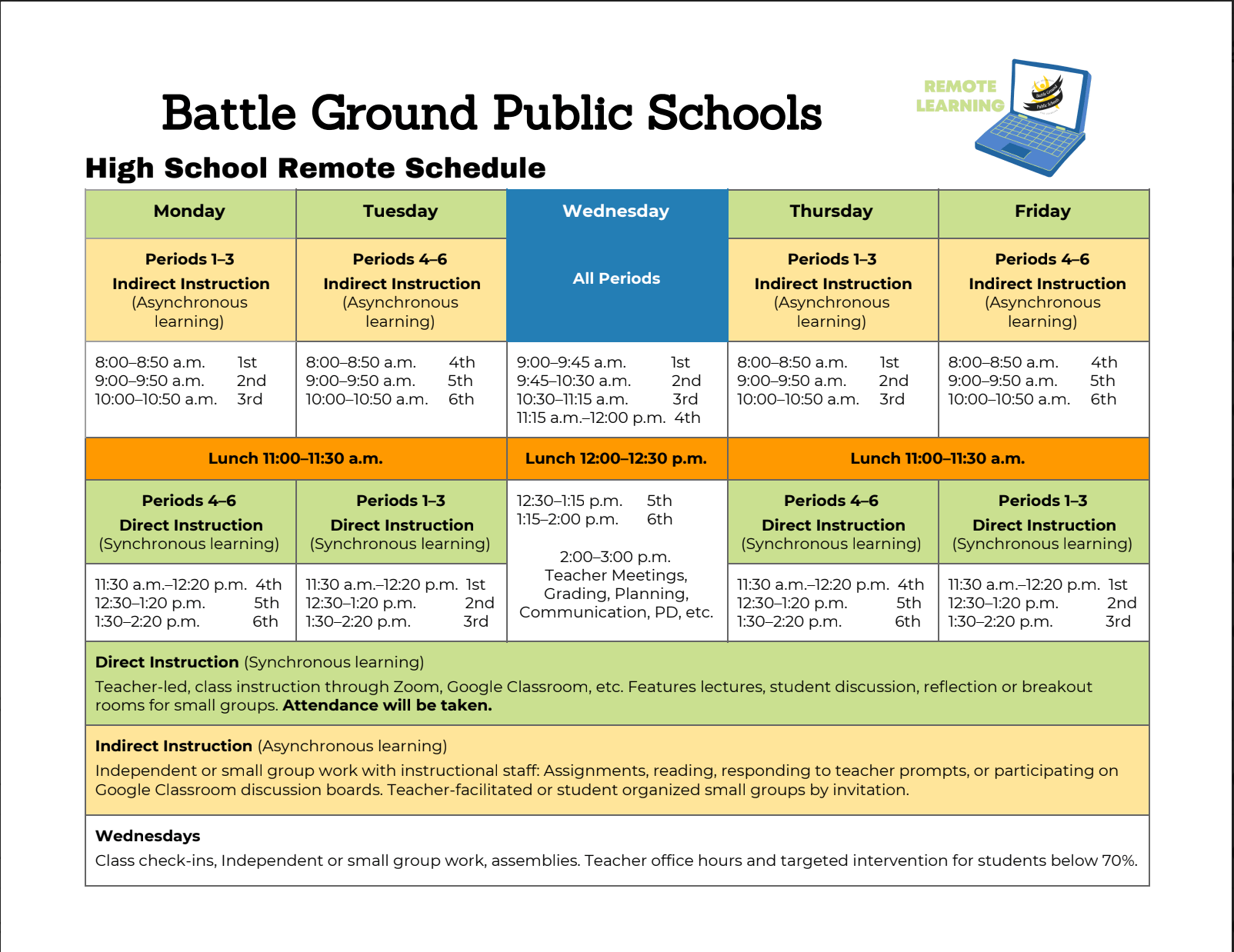 BGHS Remote Learning Schedule Battle Ground High School